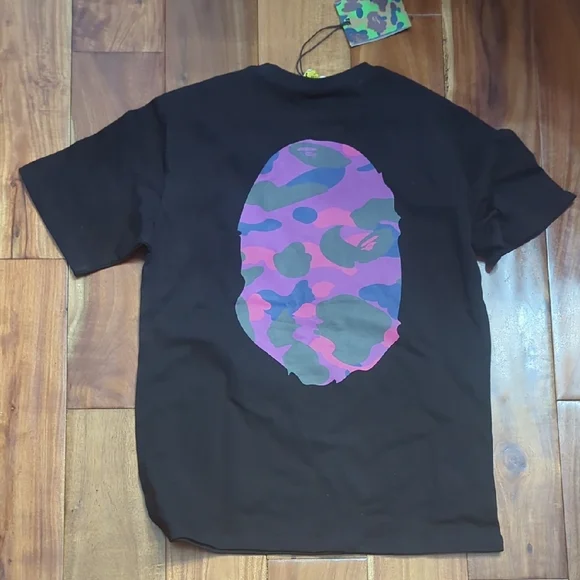Bape Black Short Sleeve Tee with Purple & Green Camo Ape Logo - Picture 3 of 4